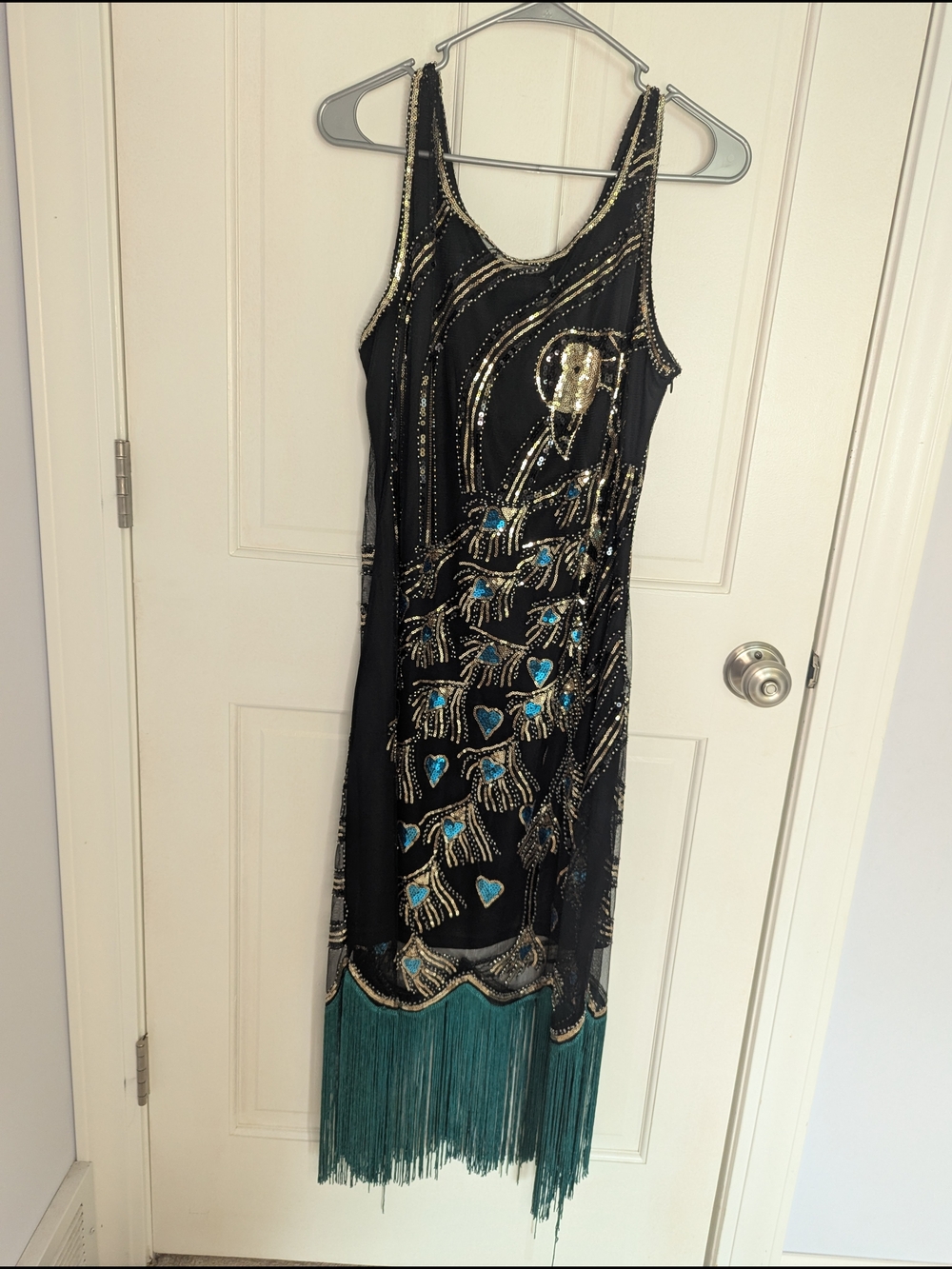 Unique Vintage Peacock Black And Gold Beading and Teal Fringe Size XL/14